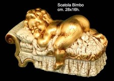 STATUA SCATOLA BIMBO IN CERAMICA AVORIO FOGLIA ORO ARREDO CASA LETTINO