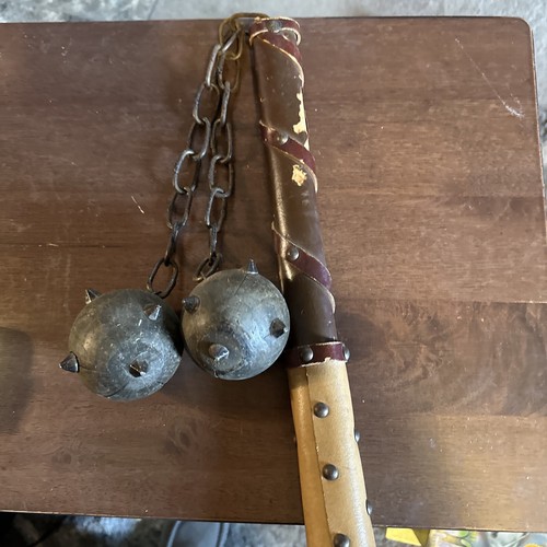 Vintage medieval flail Wooden Handle 3” Wooden Balls 15”handle Leather Trimmed