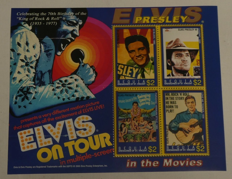 Elvis Presley $2 Bequia St Vincent Grenadines Souvenir Stamp Sheet 4 Stamps Tour - Image 2 of 4