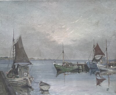 Jens Sinding Christensen 1888-1980 Evening Mood Small Harbor with Fishing Boats