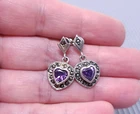 Vintage Sterling Silver Marcasite Amethyst Heart Pierced Earrings