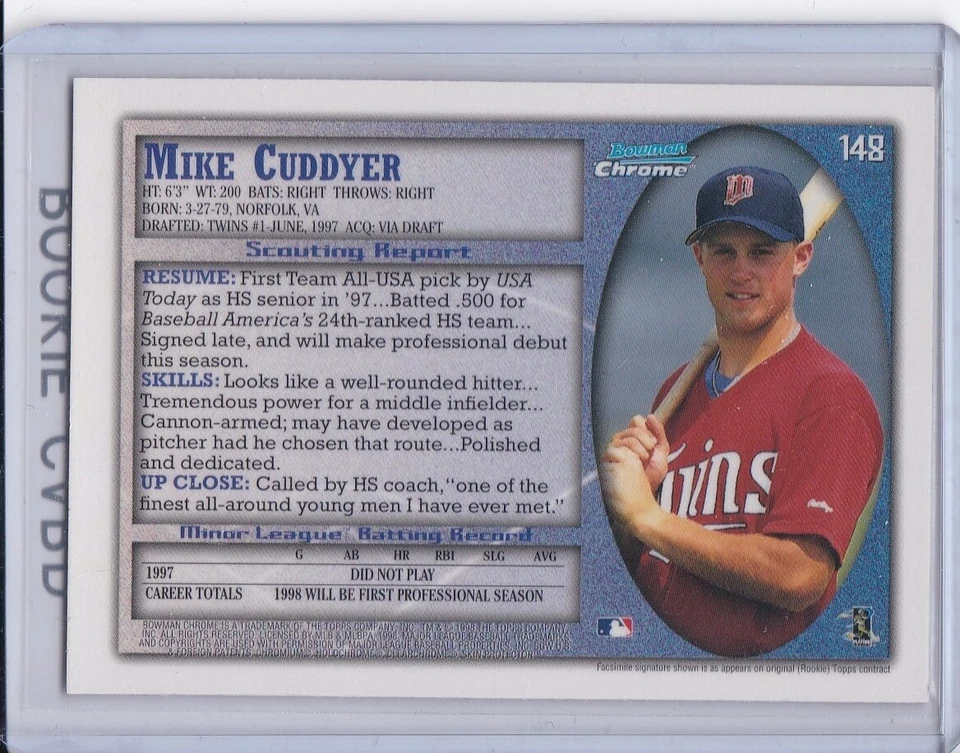 MICHAEL CUDDYER ROOKIE CARD MIke Minnesota Twins Baseball 1998 BOWMAN CHROME RC - Image 2 of 2