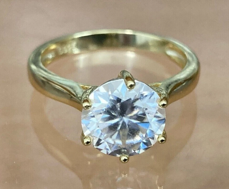 Moissanite Diamond Ring 9mm Round 3ct Stone 14k Gold Plated Sizes 6 to 10 US - Image 4 of 4