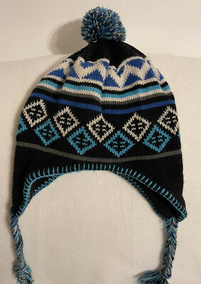 Multi Stripe Knit Pom Pom Trapper Beanie Warm Winter Hat with