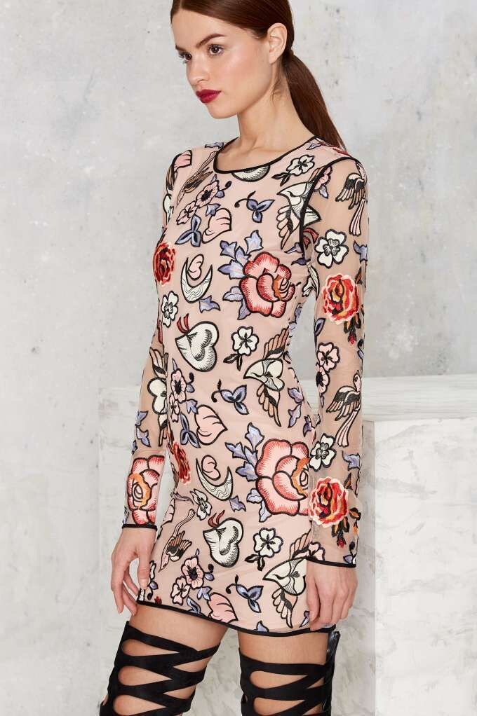 embellished mesh tattoo dress Sheer Illusion Neckline Tattoo Pencil Dress