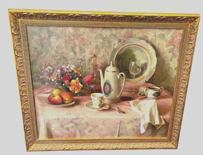 Orig. oil painting by D Volkov ''Morning Coffee'' 20th century artist prof. framed