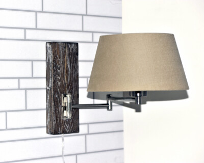 Wandleuchte Brown Wood mit Gelenkkarm Nickel Matt Schirm Leinen Taupe Komplet...
