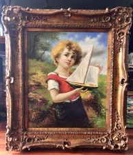 Vintage Framed Oil Painting Oil Painting Girl Sail Boat by Carlson