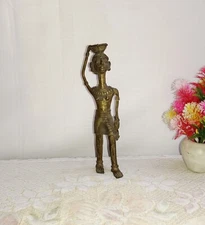 Brass Lady Statue Vintage Look Tribal Man Holding Bucket Idol Office Decor CA327