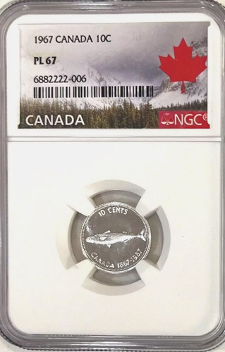 :1967 SILVER DIME 10C CANADA MACKEREL 100 ANNIV PROOF LIKE NGC PL67 TOP POP 14/0