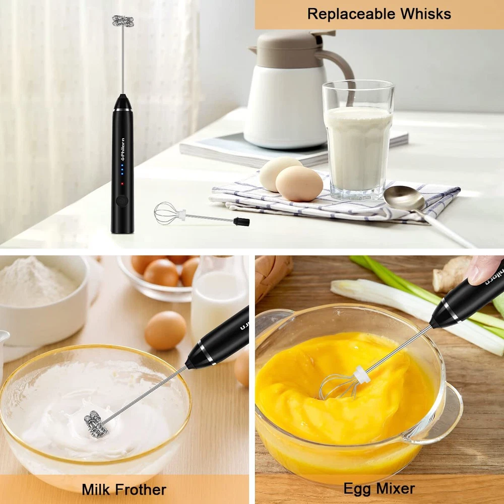 Milk Frother Handheld Rechargeable Coffee Frother - Frother Wand with 2 Heads...