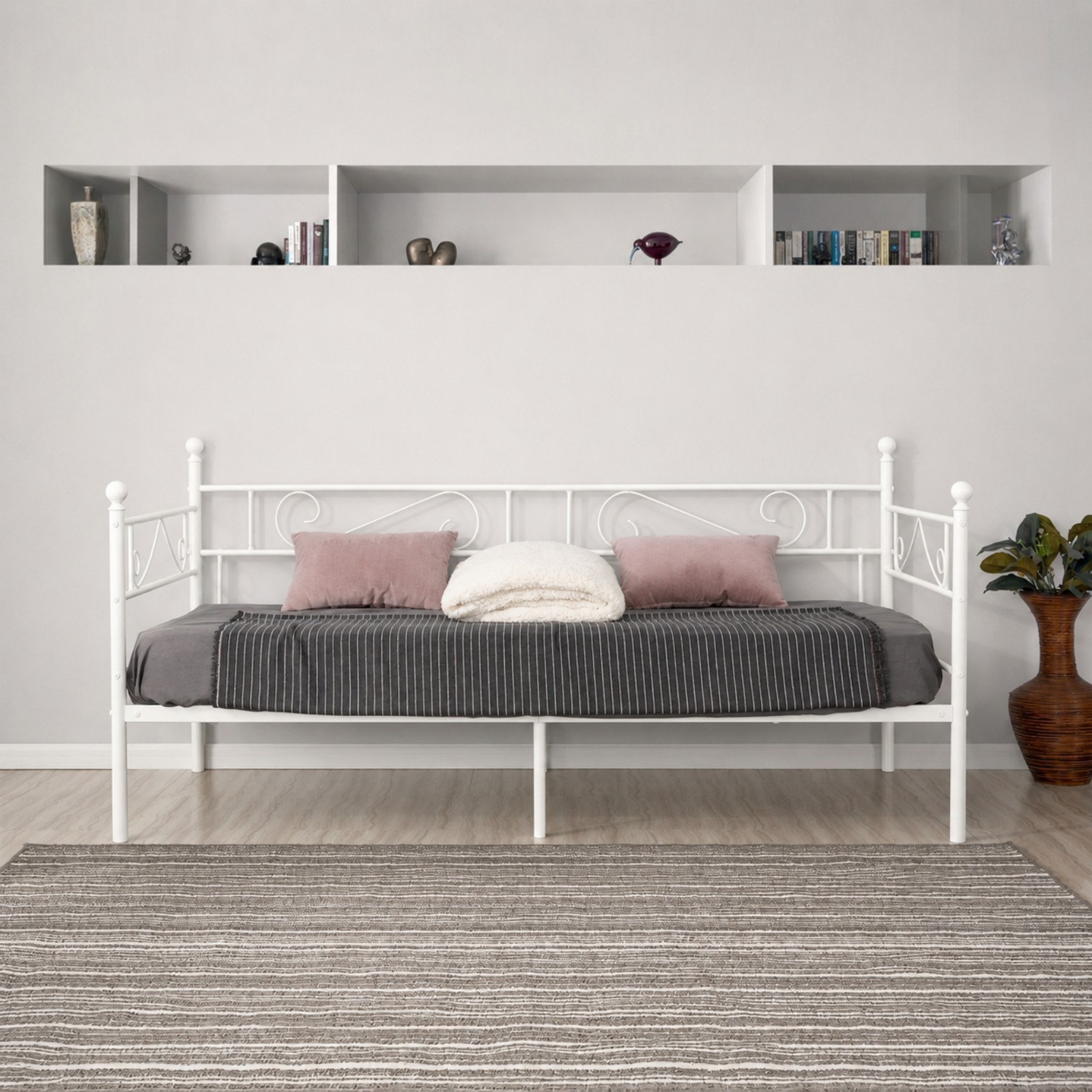 Comfy Living 3ft Single White Paris Metal Daybed with Trundle 9 Black/White Metal Daybed Frame with Scroll Design, 3ft Sofa Bed for Guest Room
