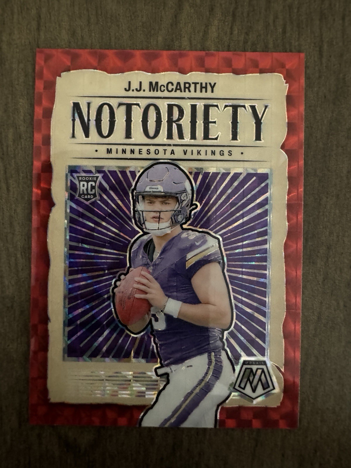 2024 Panini Mosaic Notoriety J.J. McCarthy #21 Red Mosaic Prizm (RC)