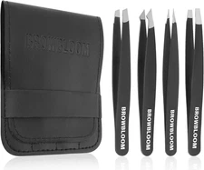 4Piece Set of Professional Tweezers for Women Facial Hair, Black Stainless Steel