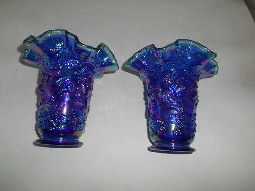Great Pair of Fenton 95th Anniversary Blue Iridescent Wild Rose 6" Ruffled Vases - Picture 5 of 12