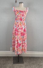 Sunday Up Tropical Colorful Floral Smocked Tiered Maxi Dress Medium