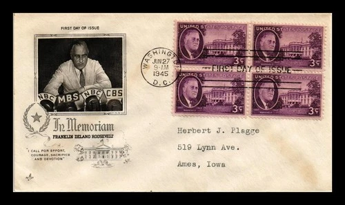 DR JIM STAMPS US COVER ROOSEVELT WHITE HOUSE FDC SCOTT 932 BLOCK OF 4 ARTCRAFT