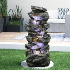 Resin Outdoor Water Feature – Tiered Waterfall w/LED Lights for Garden Ambiance