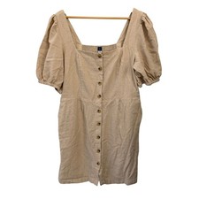Old Navy Button Front Mini Dress Womens XL Tan Linen Blend Puff Sleeve Excellent