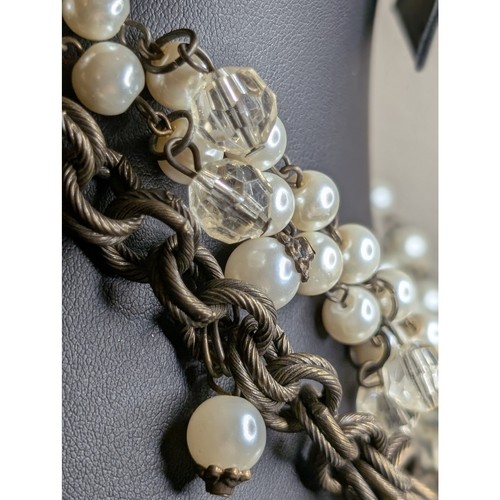 Plunder Antiqued Chain Three Strand Pearl Crystal Chunky Layered Toggle Necklace - Picture 2 of 8