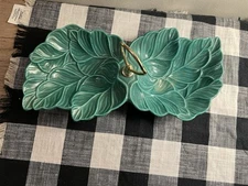 Vintage MCM California Pottery Tidbit Tray Green Leaf Divided Candy Dish