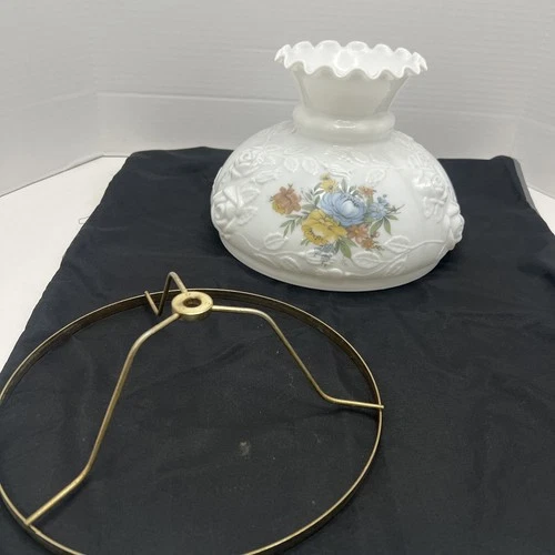 Vtg 10" Floral Glass Oil Lamp Shade Puffy Rose Ruffle Student. steel fitter ring