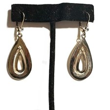 Double Open Teardrop Dangle Gold Tone Earrings CZ Stone Leverback Elegant Look