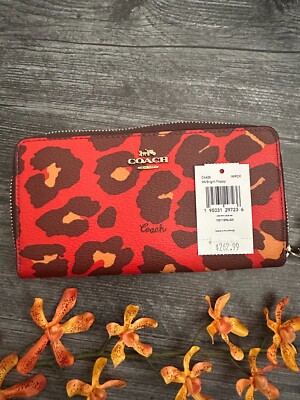 Coach Long Zip Around Wallet In Bright Poppy Leopard Print MSRP