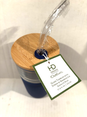 HD Designs Outdoor Glass Tumbler w/ Straw Bamboo Lid Blue Silicone Sleeve NEW