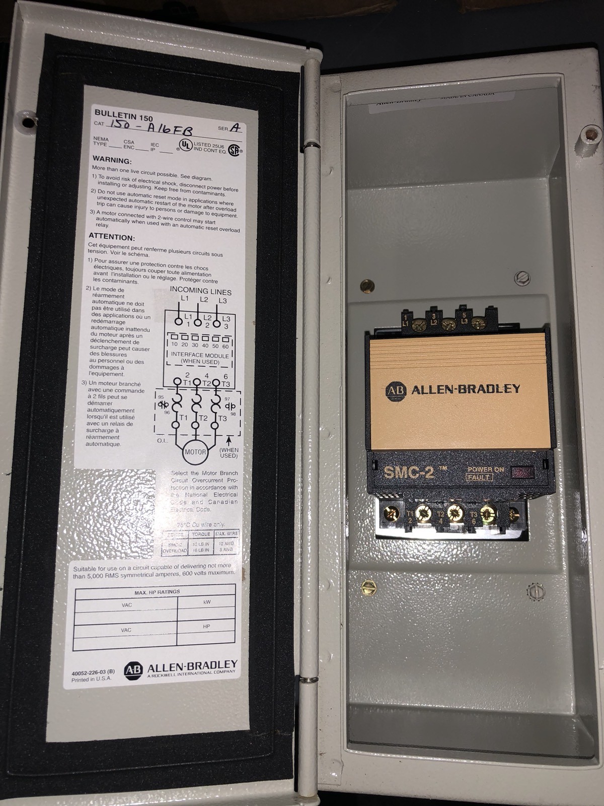 Allen-Bradley Smart Motor Controller SMC-2, A-B150-A16FB Free Shipping