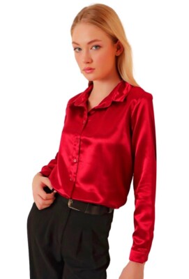 Damen Basic Shirt Satin-Effekt Glänzender Stoff Knöpfe Langarm 3964