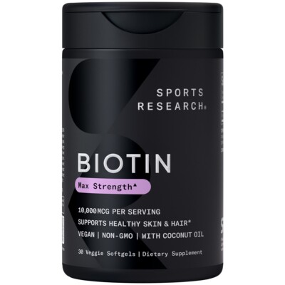 Vegan Biotin 10,000mcg w/ Coconut Oil Max Strength 30 Veggie Softgels Non-GMO
