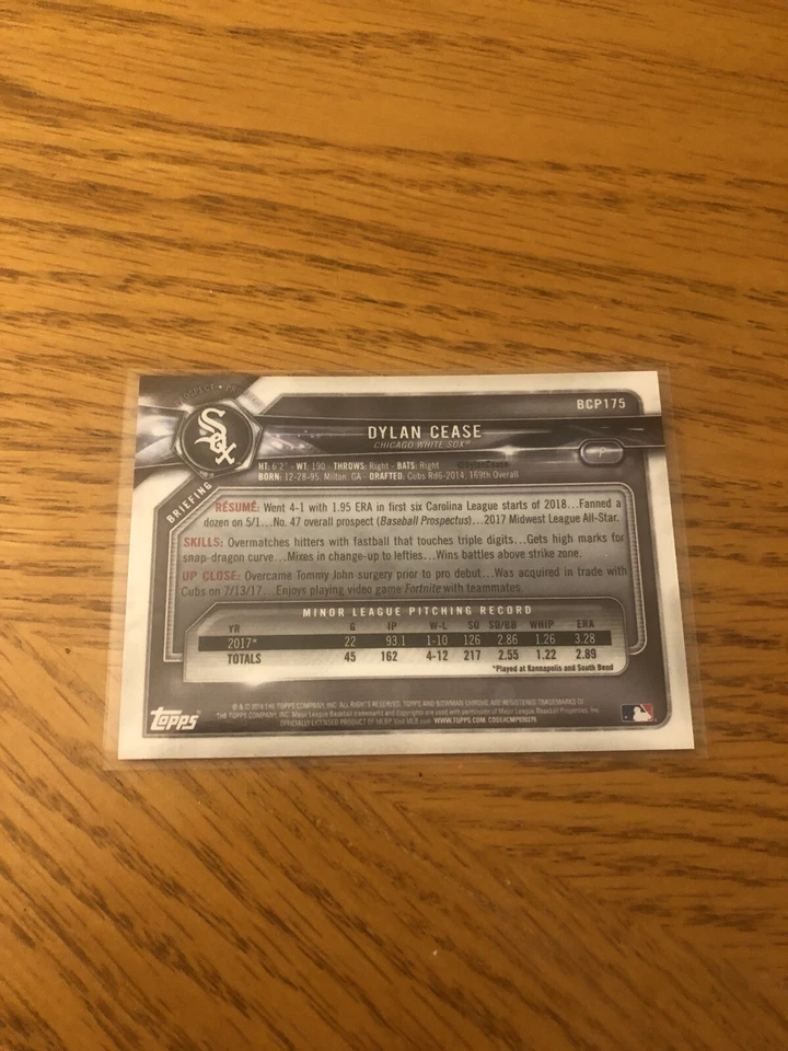 2018 Bowman Chrome Prospect Purple Refractor /250 Dylan Cease #BCP175 White Sox - Image 2 of 2