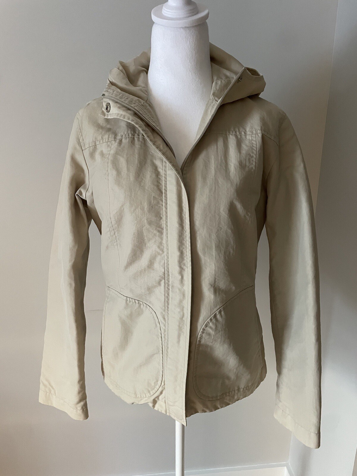 H & M Spring Jacket S Tan Neutral Zip Hooded Nylon Capsule Minimal Classic