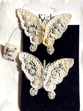  VTG White Butterfly Sequin Beaded Fur Scarf Hat Band Shoe Clips Kickers Pearl