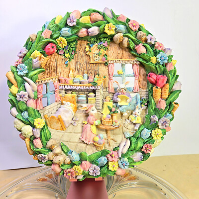 11 '' Solid Resin Easter Jubilee Wreath/ Wall Hanging Bunnies 1990's.