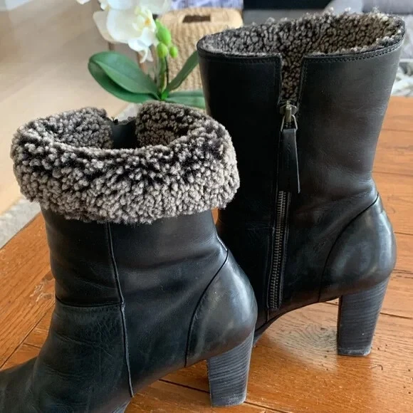 Botas de cuero negras Paul Green con tacón apilado con forro de piel de oveja enrollables talla 8 Foto 2 de 4