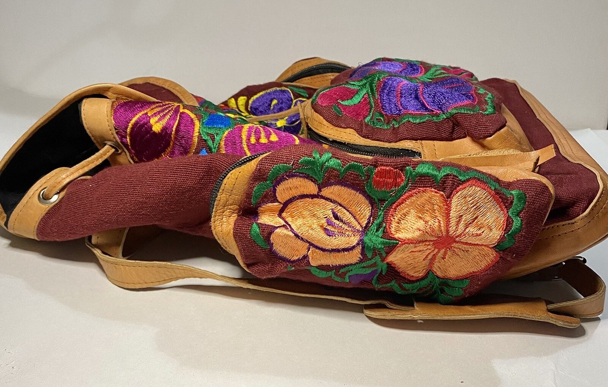 NWT-Costa Maya Burgundy Floral Embroidered Backpack Embroidered floral Mexican Backpack NEW/ mochila Mexicana  main image 4