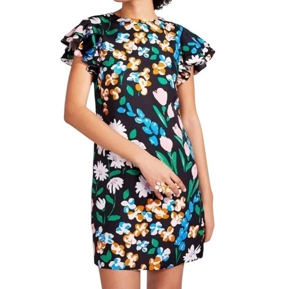 Mini vestido Kate Spade seda sarja prado floral bainha preto tamanho 4 varejo $328 - Imagem 3 de 4