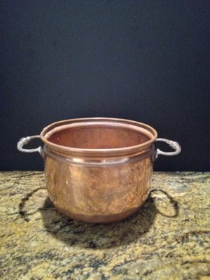 Antique Hand Hammered Copper Pot Rolled Edge Brass Handles 6.5 