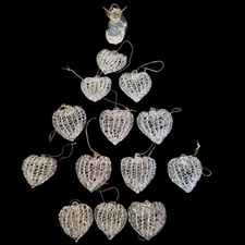 Set of 13 Spun Glass Heart shaped Christmas Ornaments ~2" Reflective + 1 Angel
