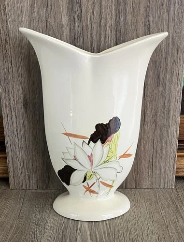 Vtg Rare Red Wing Bronze Lotus Split Top Vase With Open Lotus Blossom H510