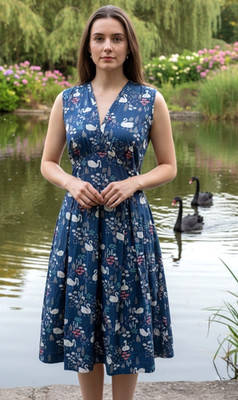 CLOUD9 Pop Royal Swan Navy Dress Size M Organic Cotton Fit & Flare Work Travel