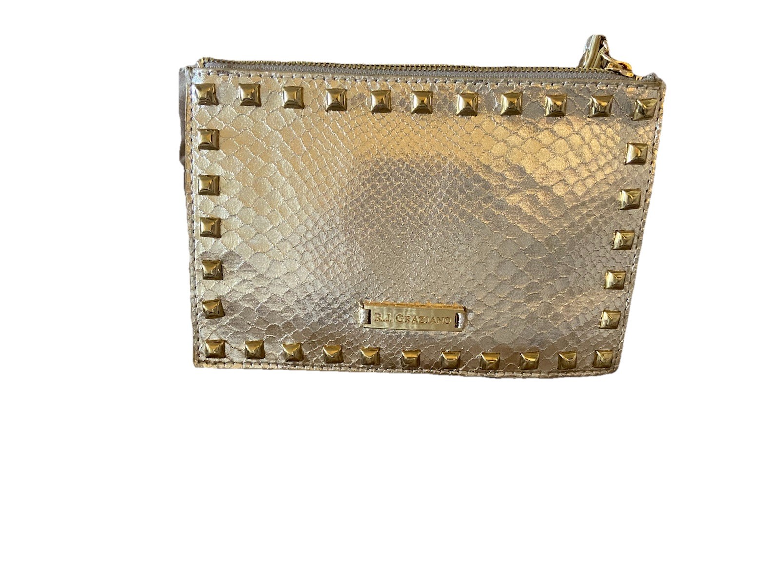 RJ Graziano Gold Faux Snakeskin Clutch Bag with Gold Hardware