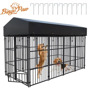 Large Dog Kennel w/ Feeding Door Heavy Duty Dog Run Playpen Fence w/ Roof Cover