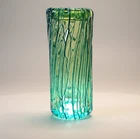Art Glass Vase Green Teal Pulled Thread Overlay Heavy Studio Glass 10.6"