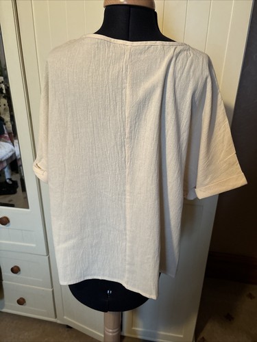 Cream Pure Cotton Short Sleeve Relaxed Oversized Ladies Blouse Top Size L NEW - Picture 7 of 9