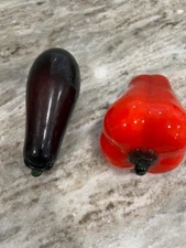 Murano Style Handblown Glass Eggplant and Red Pepper