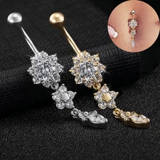 CZ Flower Belly Button Ring Surgical Steel Dangle Navel Bar Barbell Piercing 14g