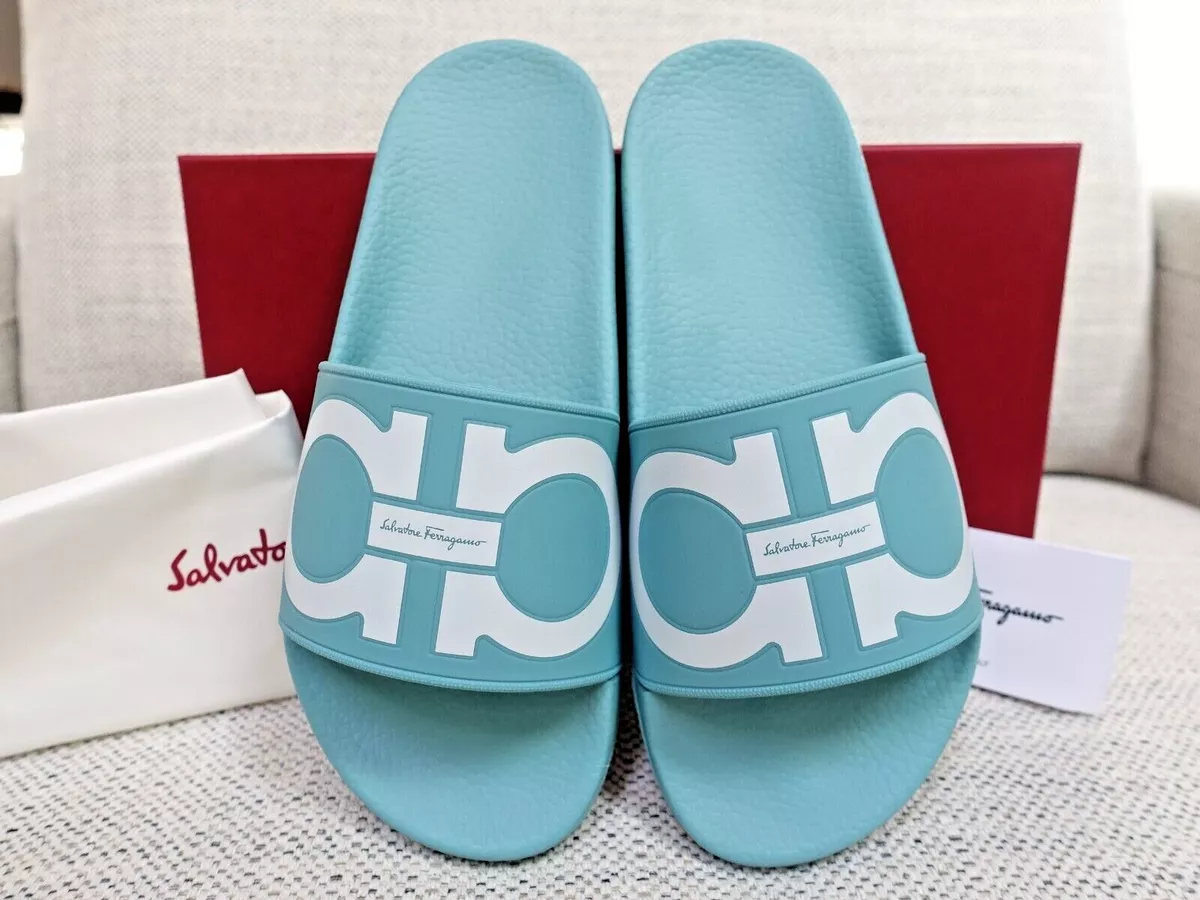 NIB Salvatore Ferragamo Gancini Groovy Pool Slides Slippers Blue